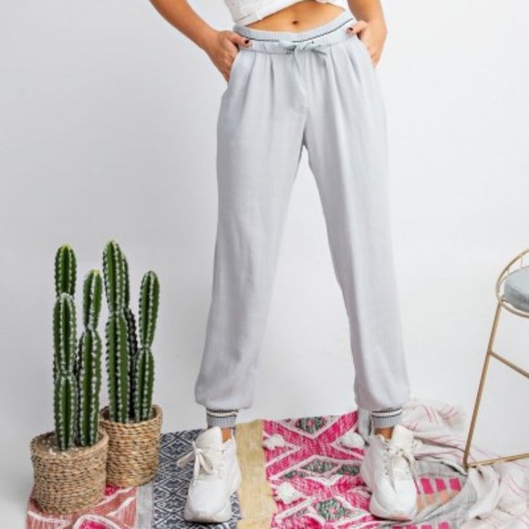 easel Pants - NWT-Women's Rib Band Detail Linen Jogger,Blue Grey
